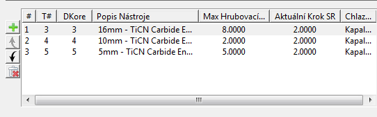 Popis tohoto okna: Hlavička Sloupce Informace o Nástroji # Počet nástrojů v projektu SRM T# Číslo nástroje z knihovny nástrojů DKore Délkový ofset z knihovny nástrojů Popis Nástroje Popis nástroje z