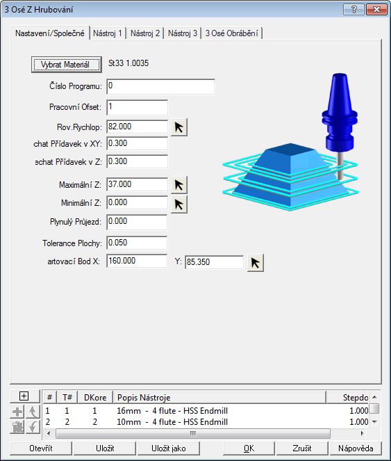 V roletovém menu NC 3Osé zvolte Zhrub ve vedlejším menu stiskněte tlačítko Obrazovka, v zobrazeném dialogovém okně Informace o materiálu vyberte Horní profil a do zadávací pole Výška polotovaru
