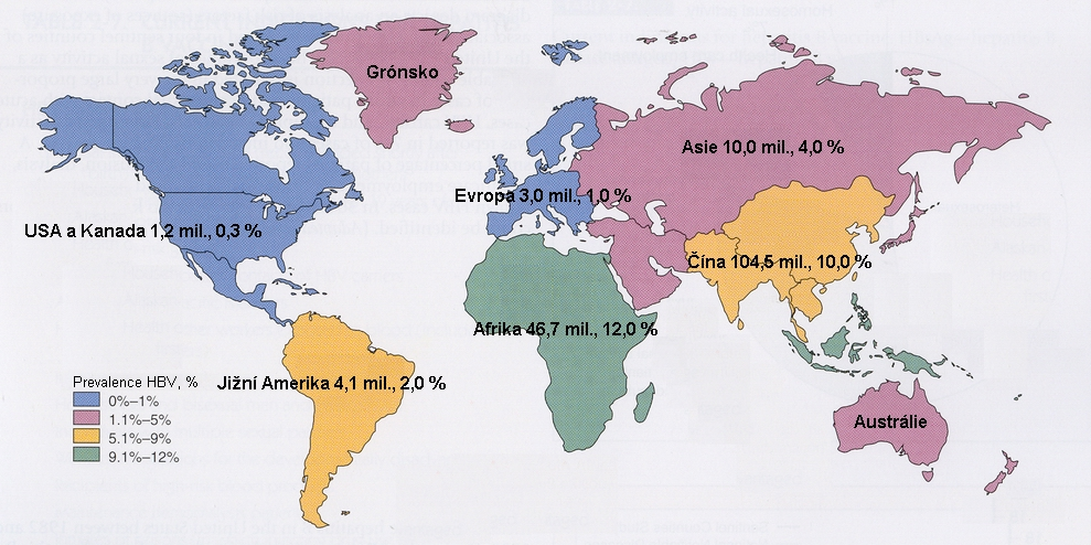 Obrázek č. 6 Celosvětové rozšíření viru hepatitidy typu B. (Willis C.