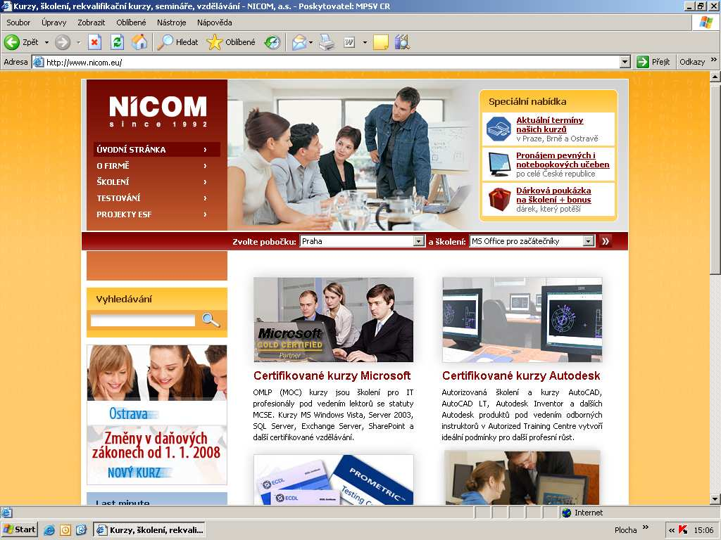 Webová stránka organizace a na ní odkaz na realizovaný projekt (www.nicom.