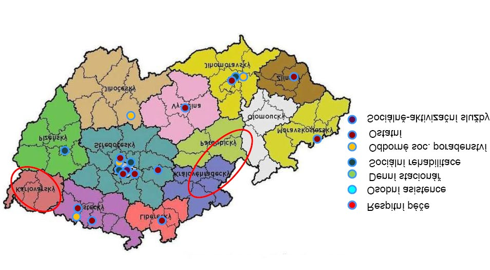 Mapa zobrazující počet a výskyt služeb určených osobám po ZPM Poznámka: hodnoceny ty služby, které deklarovaly, že jejich cílovou skupinou jsou pouze lidé po ZPM Nejvíce těchto služeb se soustředí do