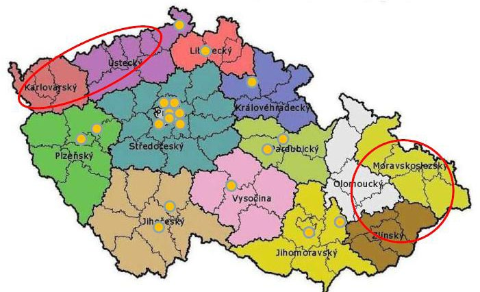 v Moravskoslezském, Olomouckém, Zlínském, Karlovarském a v podstatě i Ústeckém kraji.