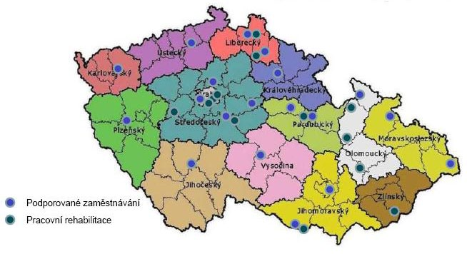 Ústecký, Karlovarský, Plzeňský, Jihočeský, dále pak Vysočina, Královéhradecký, Moravskoslezský a v podstatě i Jihomoravský kraj (neboť zde je pracovní rehabilitace umístěna na samých hranicích s