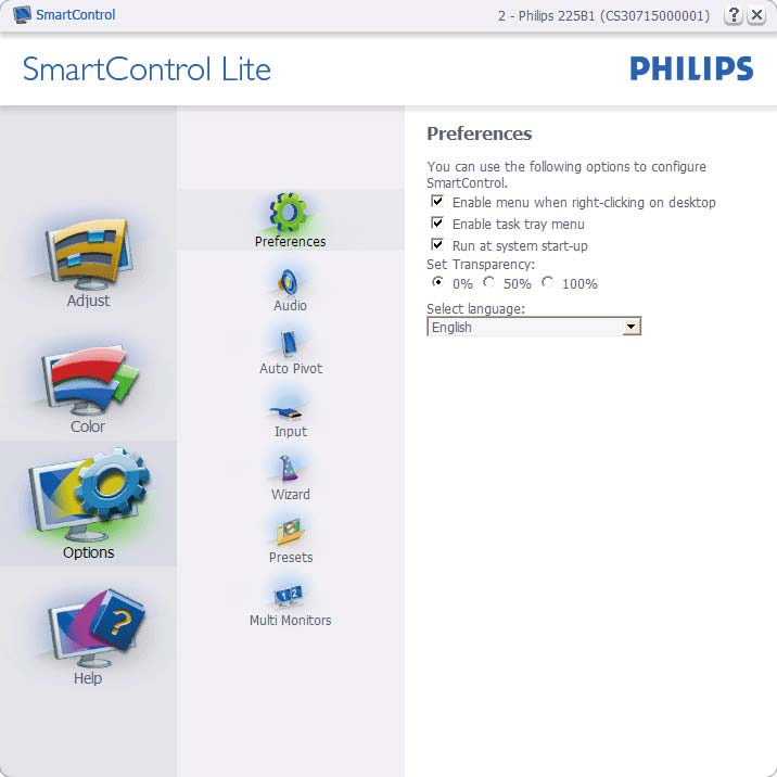 3. Optimalizace Obrazu Calibration Screen (Obrazovka kalibrace) první barvy: Options >Preferences (Možnosti >Předvolby) Tato možnost bude aktivní pouze po výběru položky Preferences (Předvolby) v