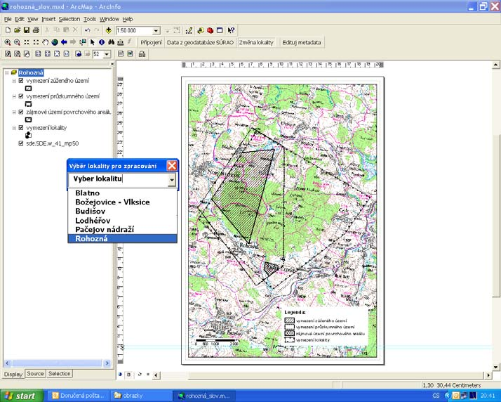 Obr. 4. Ukázka změny lokality. Fig. 4. Example of a site substitution. Edituj metadata umožňuje editovat metadata mimo ArcCatalog přímo v prostředí ArcInfo.