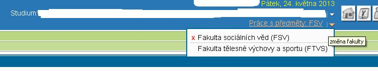 Pokud mám zapsaný předmět z jiné fakulty a chci se přihlásit ke ukoušce z tohoto předmětu musím se přepnout do "Práce s předměty konkrétní fakulty" viz screenshot.