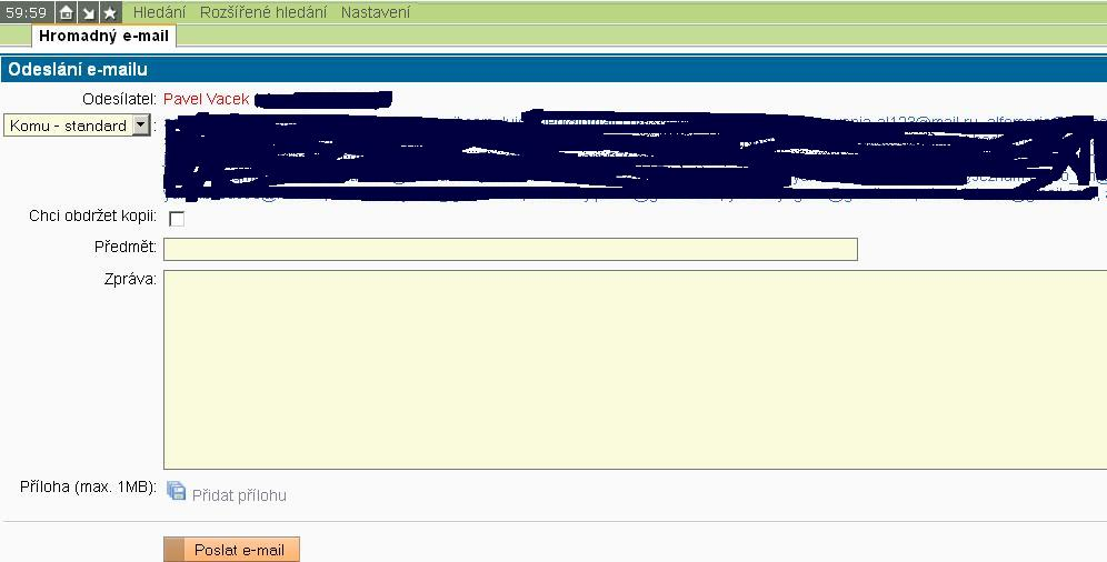 Na dálší stránce vyplním předmět,samotnou zprávu, popřípadě přidám přílohu a mail odešlu.
