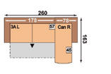 1,5-sedák s úložným prostorem a přístavným taburetem vpravo; 1 = Křeslo Plocha lůžka: 234