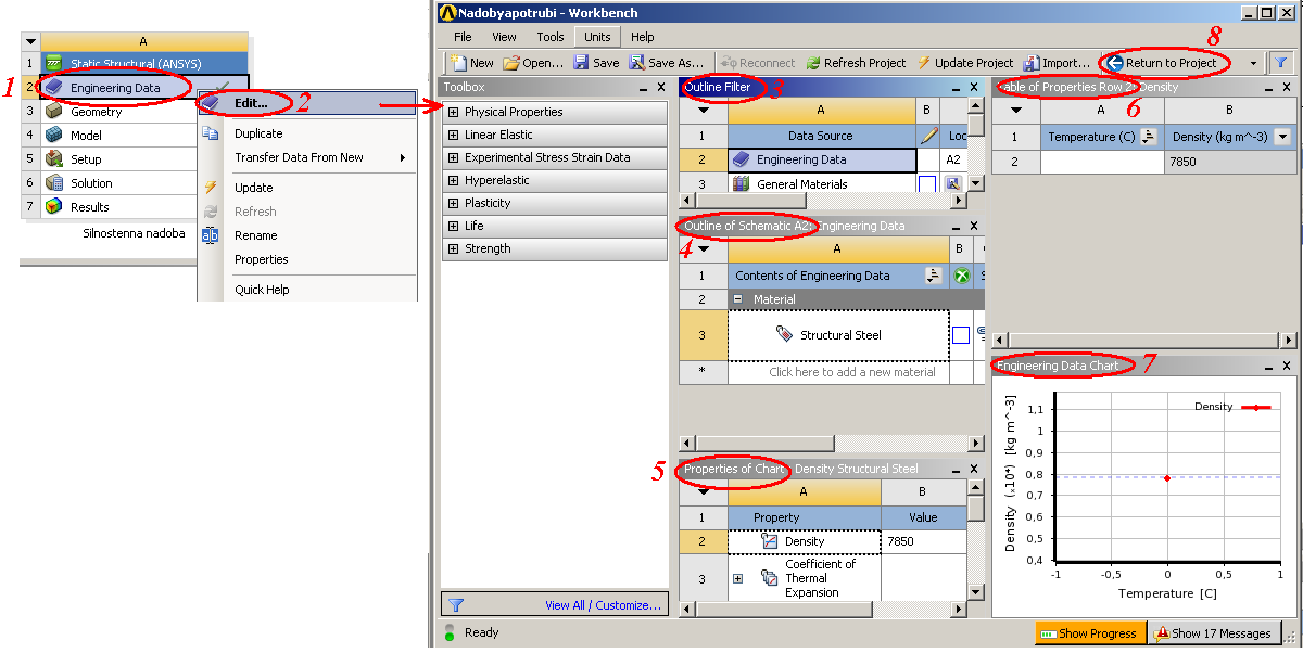 Outline_Filter/Engineering data. V našem případě zde máme pouze materiál Structural Steel viz bod 4. Vlastnosti vybraného materiálu ukazuje bod 5 (např.