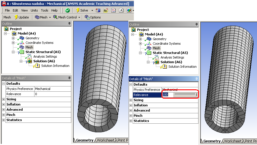 Tímto jsme vytvořili model jednoduché válcové nádoby požadovaného tvaru, veškerou práci znovu uložíme (File/Save) a přejdeme do projektu (File/Close DesignModeler).