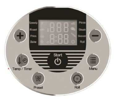 Ovládací panel Položka Funkce 1. Start ON/OFF 2. Menu Výběr režimu vaření 3. Roll Start/Stop otáčení 4. Preset Nastavení doby vaření a režimu 5.