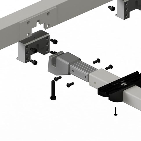 There are special through holes in the desk beams that accommodate hooks allowing the connection of perforated suspension cable trunking.