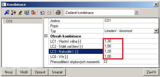 4.1. LINEÁRNÍ KOMBINACE Normově nezávislá kombinace Scia Engineer Tato kombinace definuje konkrétní typ kombinace. Jak na únosnost, tak i použitelnost.