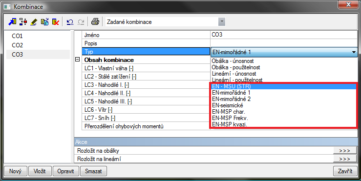 Obr. Správce kombinací Scia Engineer nerozlišuje mezi primárním a sekundárním nahodilým zatěžovacím stavem.