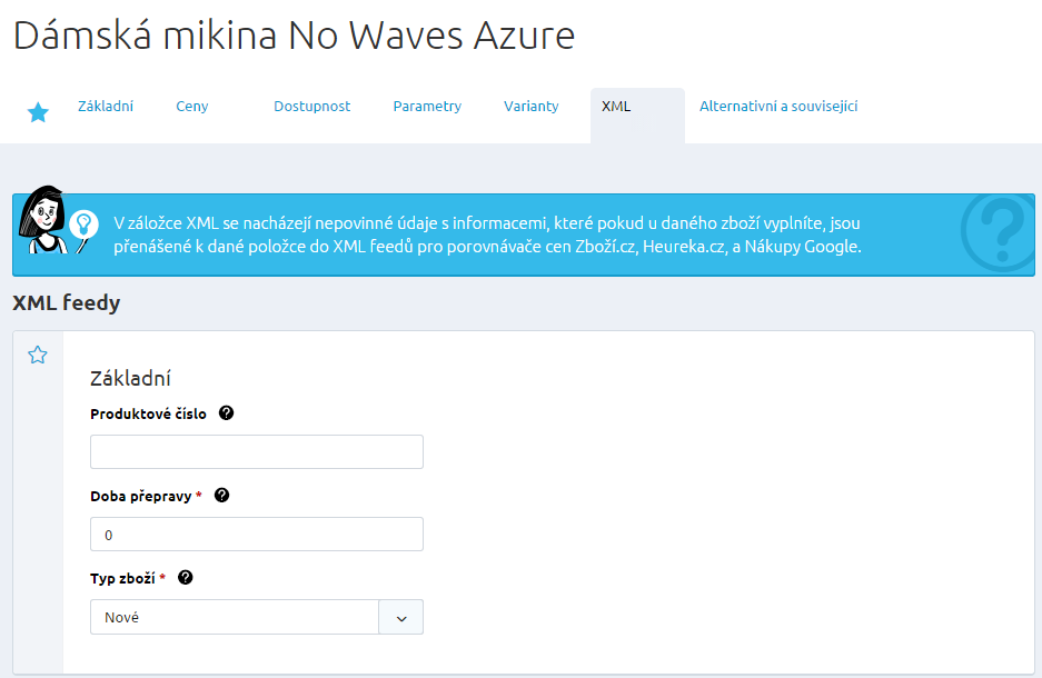 Záložka XML V záložce XML naleznete nepovinné informace, které pokud u daného zboží vyplníte, jsou přenášené k dané položce do XML feedů pro porovnávače cen Zboží.cz, Heureka.