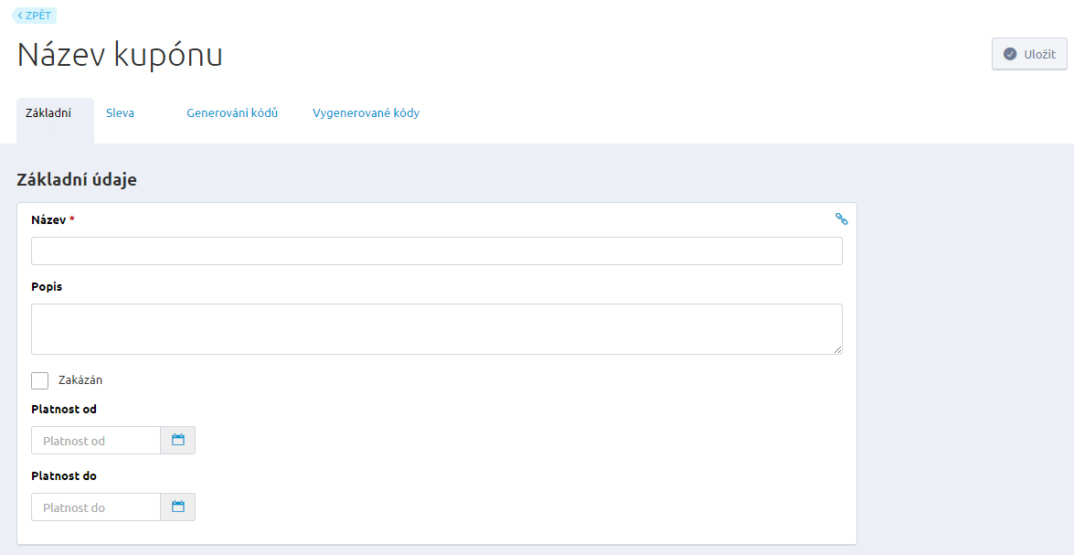 Detail slevového kupónu je členěn do čtyř záložek základní, sleva, generování kódů, vygenerované kódy. V první záložce Základní, vyplňujete povinně název.