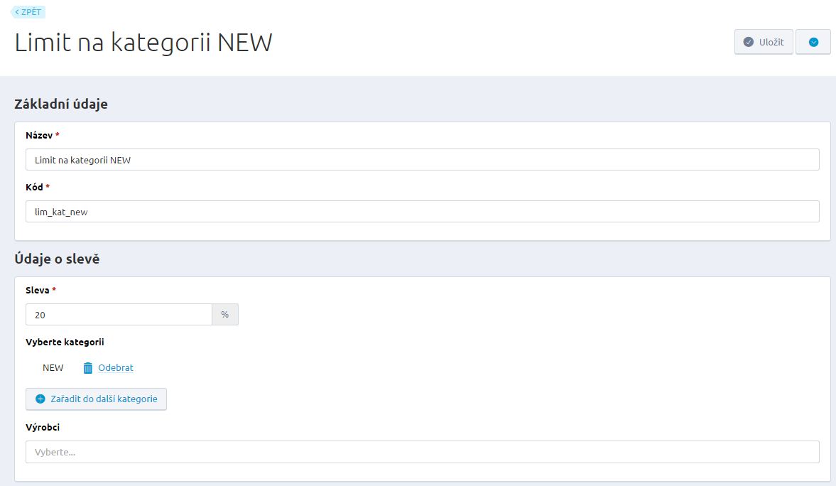 Limity Vytvořte si nový limit kliknutím na tlačítko Nový limit. Zadejte název, kód a sleva (neboli hodnotu limitu, přes kterou neprojde sleva, např. na kategorie).