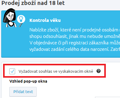 vašeho e-shopu vyskakovací okno, které