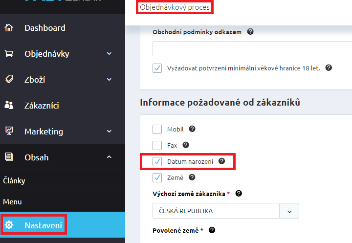 Stačí v sekci Nastavení/Objednávkový proces/nastavení objednávkového procesu -> zatrhnout pole Vyžadovat potvrzení minimální věkové hranice 18 let.