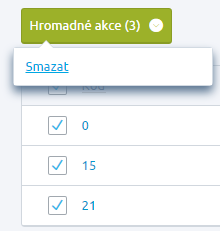 Ve výpisu snadno můžete hromadně sazby DPH mazat. Pozor! Sazbu DPH se nepodaří smazat v případě, je-li aktuálně používaná u produktů.