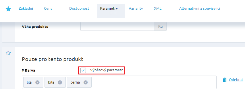 U parametru je také možnost nastavit jednotku, která bude s tímto parametrem svázaná (např. šířka v cm, hlučnost v db apod.).