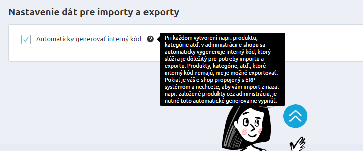 Před samotným propojením obou systémů v sekci Nastavení/Nastavení e-shopu/nastavení dat pro importy a exporty si zkontrolujte, zda máte tlačítko Automaticky generovat interní kód nezatržené.