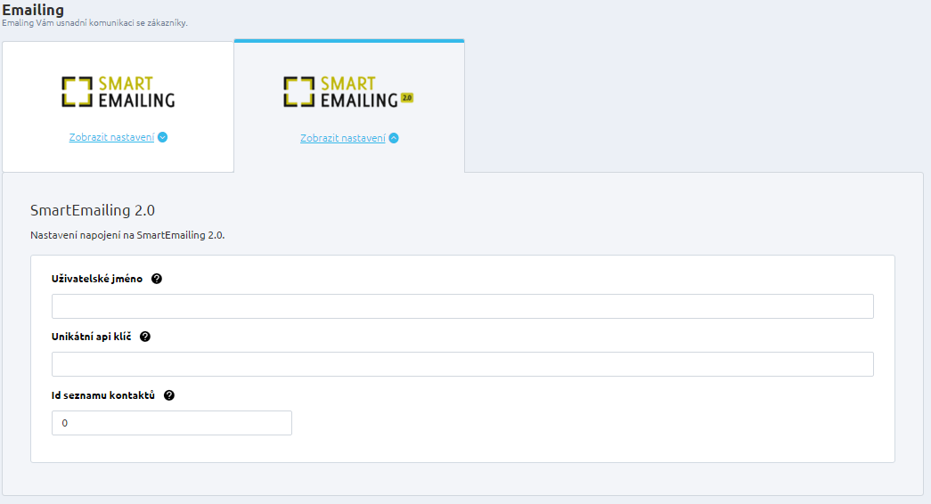 Kdo chce využívat služby SmartEmailing, musí se registrovat na http://www.smartemailing.cz/ a také vyplnit veškeré údaje v Nastavení -> Aplikace 3. stran -> Emailing -> SmatrEmailing.