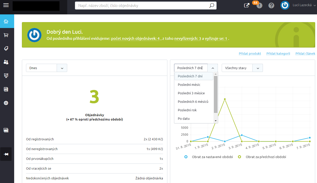 Dashboard Po přihlášení do administrace se ocitnete na dashboardu, který mám v sobě ukrytých spoustu funkcí a hlavně statistik.