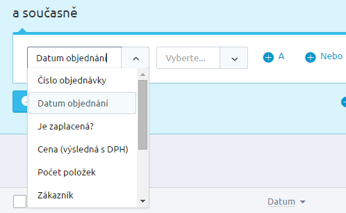 Filtrovat lze podle: Data objednání, Čísla objednávky, Zaplacení, Ceny, Počtu položek,