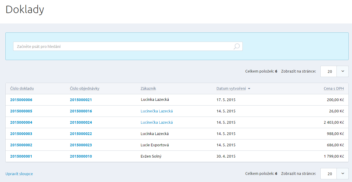 Jednotlivé doklady jsou seřazeny pod sebou v přehledné tabulce. Sloupce tabulky je možné měnit kliknutím na Upravit sloupce.