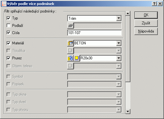 Výběr podle více kriterií Mocný nástroj pro třídění a výběr konstrukčních prvků který vám umožňuje