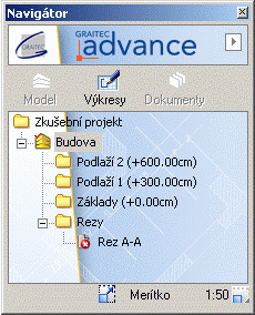 Uživatelská příručka Nyní, vypočtete řez : Instrukce V Navigátoru, klikněte na ikonu pro přechod do módu Výkresy. V Navigátoru, se objeví ŘezAA.