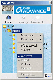 Náhled celé budovy ve 3D V Navigátoru, v módu Model, klikněte pravým tlačítkem na Tutorial a z kontextového menu vyberte