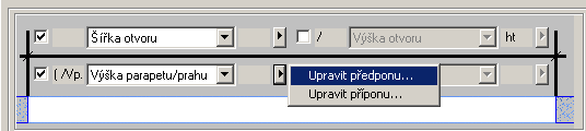 Klikněte na šipku vedle Výška otvoru a z menu vyberte Upravit předponu.