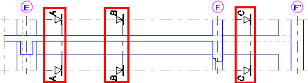 5. Umístěte řez kliknutím ve výkrese na požadovanou pozici. Stejným způsobem vytvořte další řez na trámu, vpravo (viz Obrázek 314).