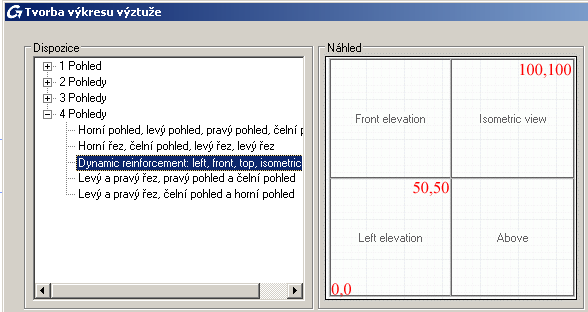 Vyberte například Dynamická výztuž: levý, čelní, horní, izometrický. Tato šablobna obsahuje čtyři pohledy.