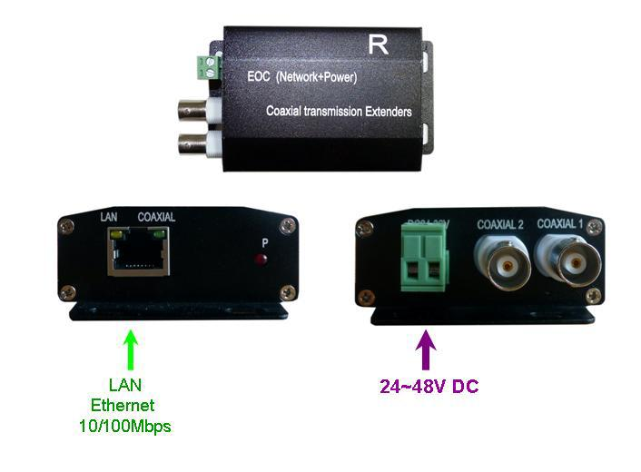 EOC62PR napájení 24-48V DC z externího adaptéru injektuje napětí do koaxiálního rozvodu pro ostatní zařízení pouze jeden na segment koaxiálního vedení typicky instalován u NVR porty konektoru BNC