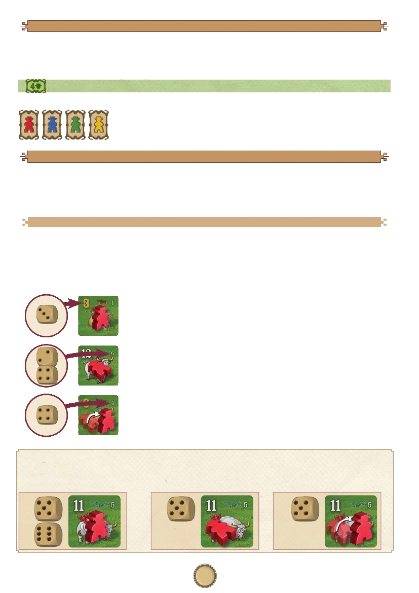 předběžné kolo Každý hráč si vezme 3 kartičky krav (5 ve hře 2 hráčů, 4 ve hře 3 hráčů) z dobírací hromádky a podívá se na ně. Můžete si nechat až 3 z dobraných kartiček.