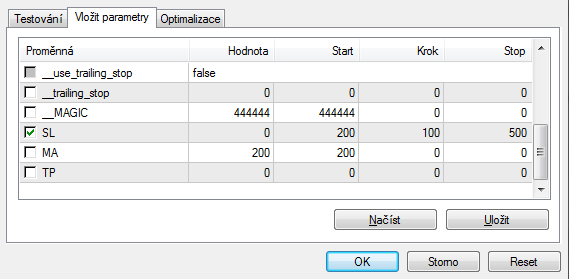 proměnné, které jsme si mohli nastavit v rámci tvorby automatického obchodního systému. Na této záložce nastavujeme parametry v přehledné tabulce viz. obrázek 7.2. Obrázek 7.