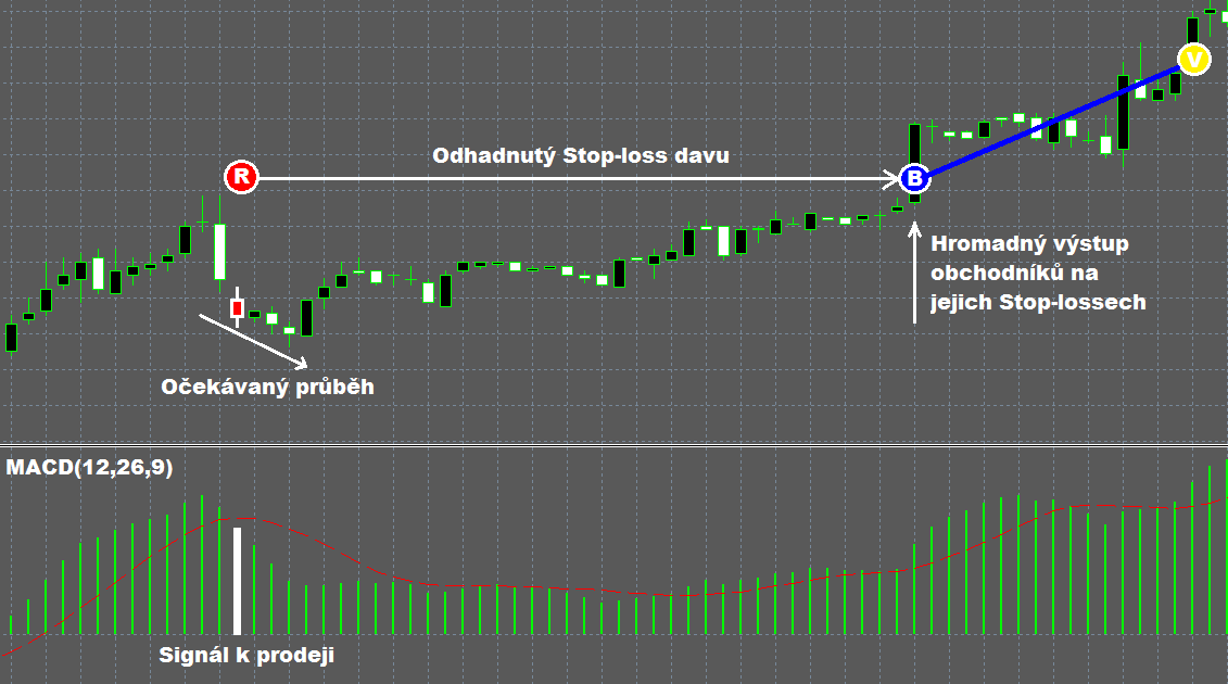 hranici, obchodníci začnou výrazně prodávat (což dokazuje vysoká svíčka v bodě B) a strategii S14 se aktivuje signál pro vstup nákupem. Obr.