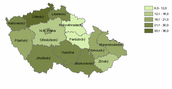 Výrazně nejvyšší počet osob stíhaných v souvislosti s drogovými trestnými činy vykazuje Ústecký kraj (35 osob na 100 tis.