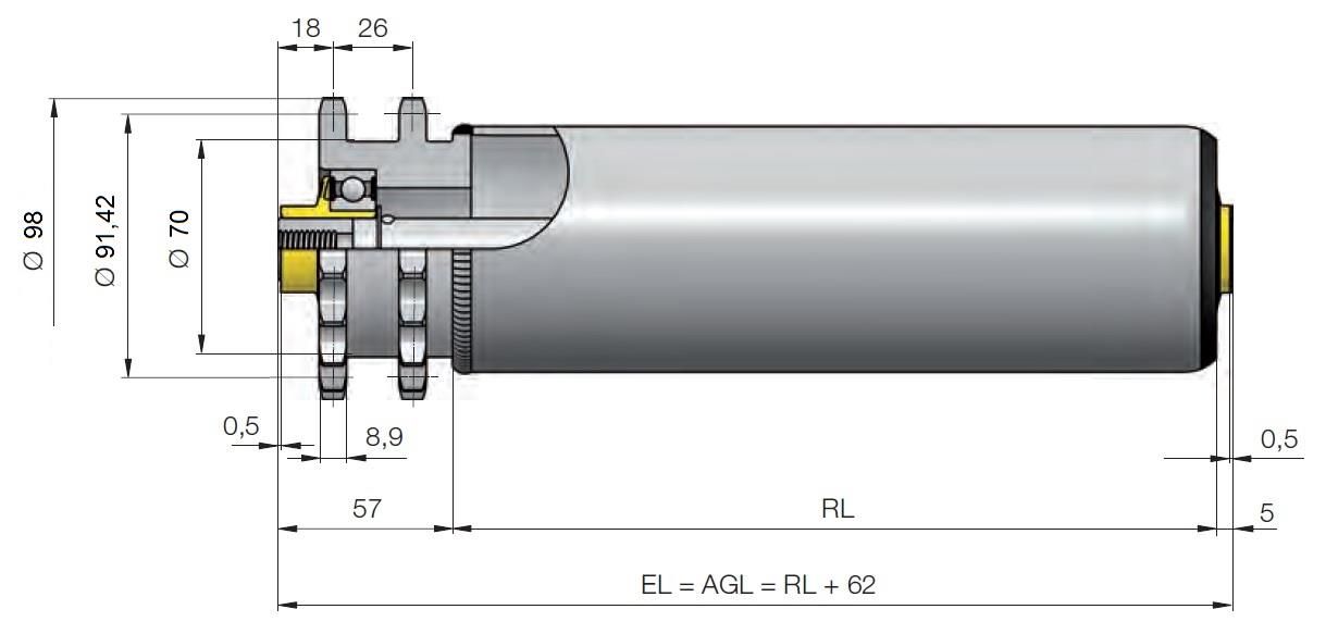 NÁVRH PODAVAČE PALET Obr. 3 Dopravníkový váleček Interroll [6] EL = AGL = RL + 62 => RL = EL 62 = 1000 62 = 938 mm (1) Kde AGL je celková délka hřídele.