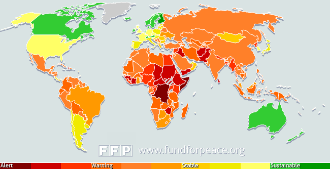 Obrázek 1: Mapa světa FSI za rok 2012 Zdroj: [58] Dané kategorie FSI zobrazují některé funkce, jejichž společnosti a instituce jsou zranitelné k neúspěchu.