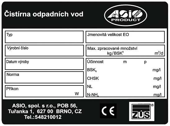3.4 Identifikace čistírny Čistírna je opatřena výrobním štítkem a štítkem s označením CE dle ČSN EN 12566-3 umístěnými u horní hrany na vnitřní straně vstupní šachty nádrže čistírny.