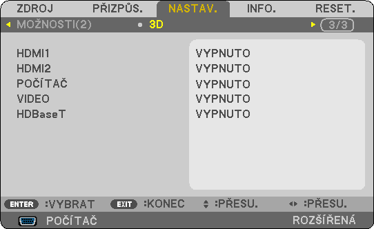 3. Praktické funkce 4. Stisknutím tlačítka vyberte signál a následně stiskněte tlačítko ENTER. Objeví se obrazovka 3D (NASTAVENÍ PODROBNOSTÍ). 5.