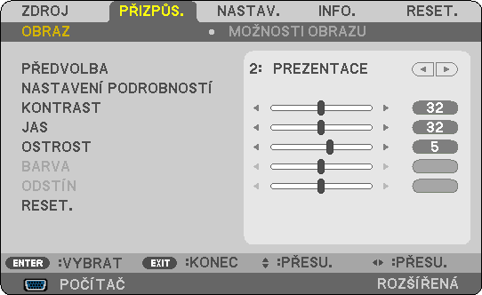 4. Použití nabídky na obrazovce (On-Screen Menu) Prvky nabídky Záložka Posuvník Značka se šipkou Dostupná tlačítka Zvýraznění Zdroj Přepínač Symbol bezdrátové sítě Symbol úsporného režimu ECO Režim