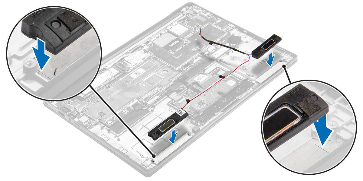 2. Protáhněte kabel reproduktoru ochrannými svorkami na rámu doku. 3. Připojte kabel reproduktoru ke konektoru na základní desce. 4. Namontujte následující součásti: a. baterie b. spodní kryt 5.