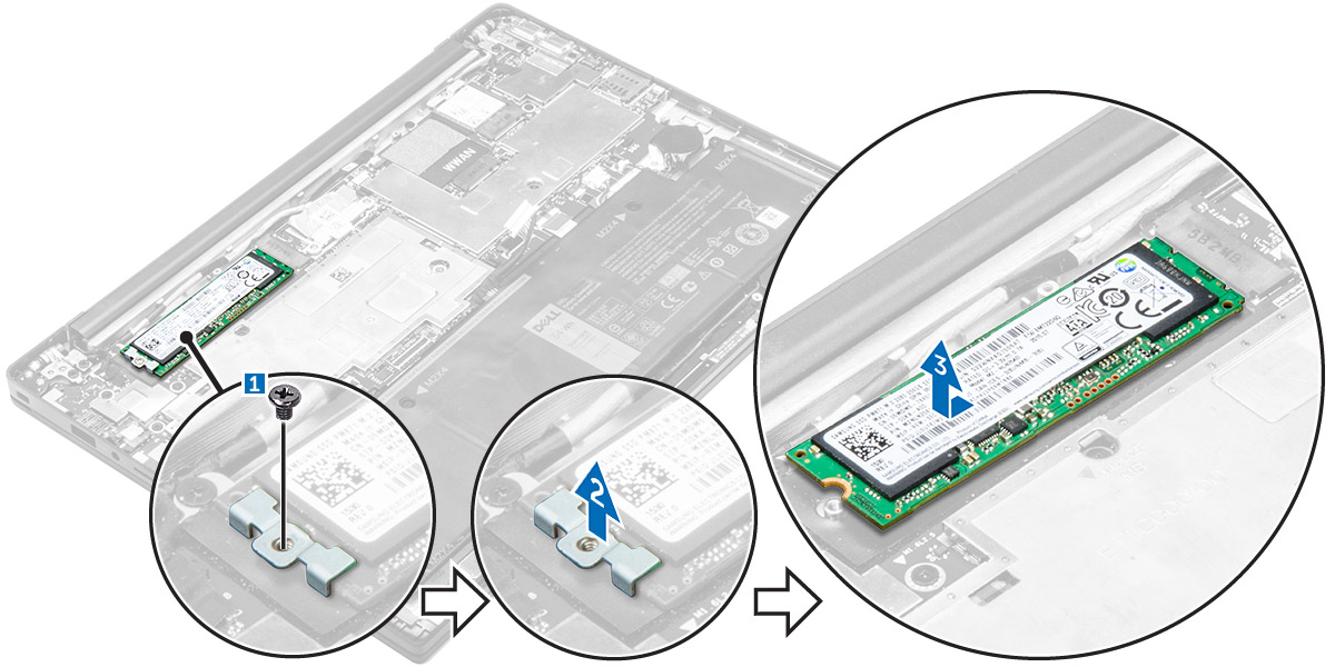 4. Postup demontáže disku SSD: a. Sloupněte hliníkovou fólii až po linku ohybu. b. Odstraňte šroub, kterým je disk SSD připevněn k počítači [1]. c. Vyjměte držák disku SSD [2]. d. Sejměte měděný tepelný štít.