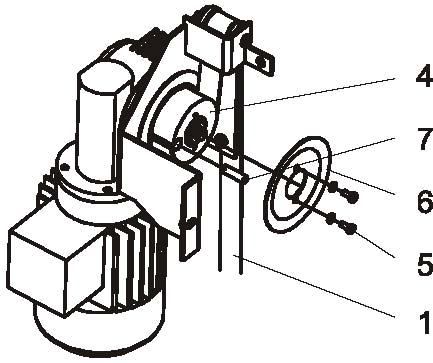 Na vozíku průtažného zařízení je řemen poz. 1 protažen mezerou ve svařenci poz. 2 mezi osou koleček a tělesem vozíku. Proti vyvléknutí je zajištěn navlečením pojistky poz. 3.