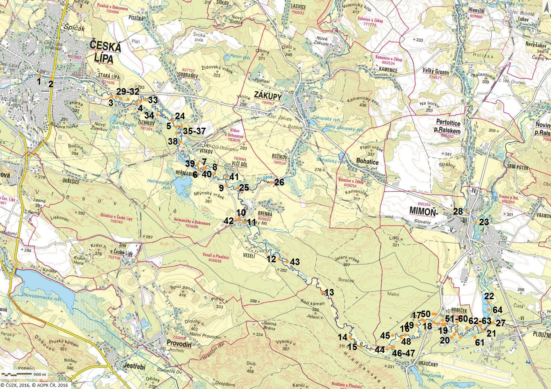 Obr. 3. Mapa Ploučnice a její nivy se zákresem studovaných lokalit. ČÚZK, 2016, AOPK ČR, 2016. Fig. 3. The map of the Ploučnice River and its floodplain with the position of the sampling sites.